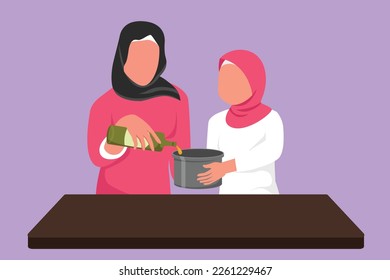Dibujo plano de carácter de la feliz madre árabe y la pequeña hija vierten aceite en una sartén que uno de ellos sostiene. Preparación de la cocina en una acogedora cocina en casa. Ilustración vectorial de diseño de dibujos animados