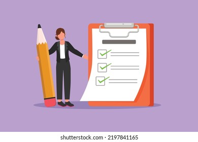 Character flat drawing of happy beautiful businesswoman standing with big pencil, clipboard, checklist completed. Business success completed plan. Business metaphor. Cartoon design vector illustration