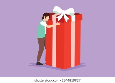 Dibujo plano de carácter de una hermosa y feliz chica abrazando un regalo de cumpleaños enorme. Mujer joven satisfecha parada cerca de una caja de regalo de cumpleaños envuelta con arco. Presente, cumpleaños. Ilustración vectorial de diseño de dibujos animados