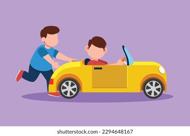 Carácter plano dibujante niño feliz está empujando el auto de su amigo en la carretera. Los niños juegan juntos con un gran coche de juguete. Hermano divertiéndose con el coche de juguete eléctrico en el patio trasero. Ilustración vectorial de diseño de dibujos animados