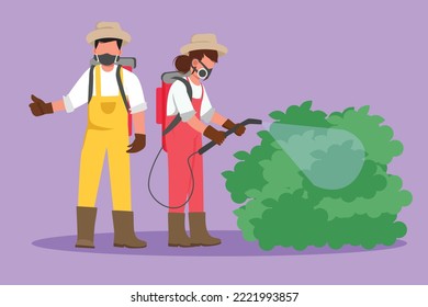 Character flat drawing happy couple of farmers wearing masks and carrying equipment to spray crops with disinfectant spray. Keep plants from pests and stay healthy. Cartoon design vector illustration