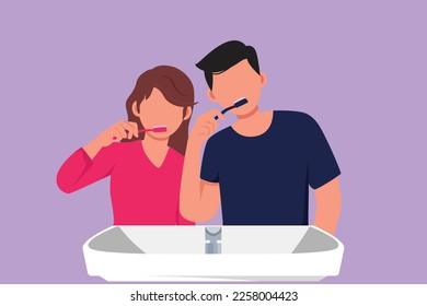 Character flat drawing happy couple brushing their teeth in bathroom sink. Routine habits for cleanliness and health of mouth and teeth. Healthy teeth campaign icon. Cartoon design vector illustration