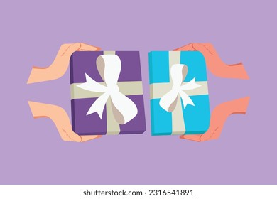Character flat drawing of happy couple gives gift new year presents on blue background, logo, icon, symbol. Birthday present cardboard box with ribbon bow. Top view. Cartoon design vector illustration