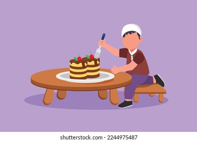 Character flat drawing happy cute little boy eating creamy birthday cake at table. Adorable Arabian kid enjoy sweet dessert snack. Favorite yummy treat for children. Cartoon design vector illustration