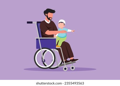 Character flat drawing happy disabled father with his child. Disability Arabian man holding baby in his arm. Family love concept. Physical disability responsibility. Cartoon design vector illustration