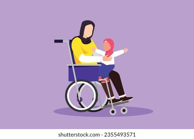 Character flat drawing happy disabled mother with her child. Disability Arabic woman holding baby in her arms. Family love concept. Physical disability and society. Cartoon design vector illustration