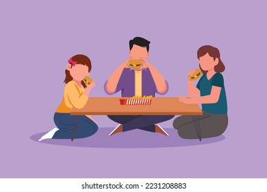 Character flat drawing happy family with child eating hamburgers while sitting at table in restaurant. Father mother and little daughter having lunch with fast food. Cartoon design vector illustration