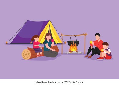 Carácter plano feliz familia acampar con fogata y hervir agua en la olla. Beber té caliente. Mamá e hija sentadas en troncos, papá e hijo sentados en el suelo. Ilustración vectorial de diseño de dibujos animados