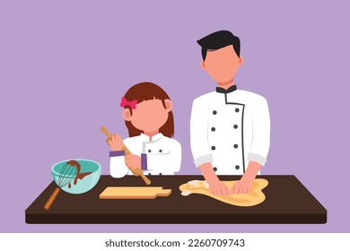 Character flat drawing happy father and cute daughter wearing apron cook in kitchen. Dad and his little girl enjoying kneading cake dough or bakery together at home. Cartoon design vector illustration
