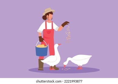 Character flat drawing happy female farmer feeding geese or ducks to be healthy, produce best eggs and meat. Countryside farming. Rural agricultural worker, poultry. Cartoon design vector illustration