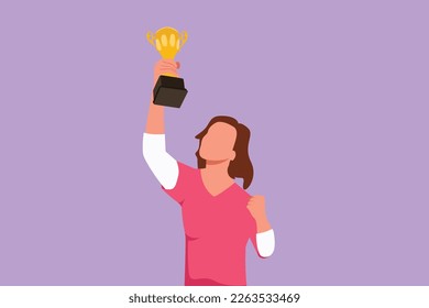 Character flat drawing happy female athlete in sport jersey holding gold trophy with one hand. Celebrate victory of national competition. Woman winning championship. Cartoon design vector illustration
