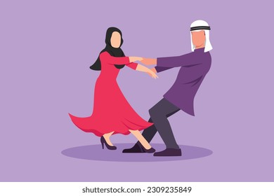 Character flat drawing happy handsome guy and pretty girl dancing on the floor at home. Romantic Arab couple holding hand and dance spinning around at wedding party. Cartoon design vector illustration