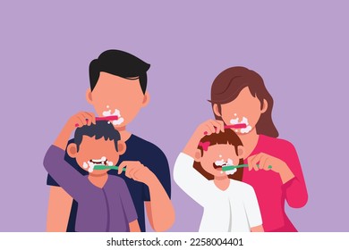 Dibujo plano de carácter de niños felices y padres que se lavan los dientes en el baño. Hábitos rutinarios de higiene bucal y dental. Campaña de dientes saludables. Ilustración vectorial de diseño de dibujos animados