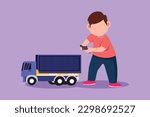Character flat drawing happy little boy playing with remote controlled cargo truck toys. Cute kids playing with electronic toys truck with remote control in hands. Cartoon design vector illustration