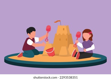 Character flat drawing of happy little boy and girl of preschool age are playing in sandbox. Two cheerful kids making sandcastle in sandbox. Outdoor game playground. Cartoon design vector illustration