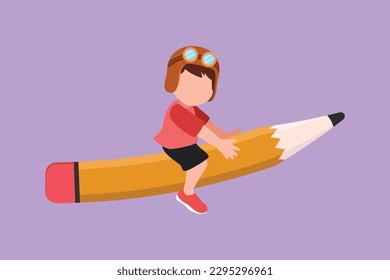 Character flat drawing happy little boy sitting on flying pencil, get ready for studying. Smart kids riding on writing stationery. Back to school, creative thinking. Cartoon design vector illustration