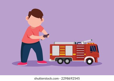 Dibujo plano de carácter niño pequeño feliz jugando con un juguete de camión de bomberos controlado a distancia. Niños guapos jugando con un camión de bomberos de juguetes electrónicos con control remoto en las manos. Ilustración vectorial de diseño de dibujos animados