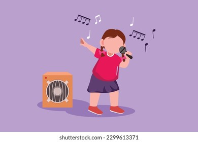 Character flat drawing happy little girl sing a song at school festival. Cute kids with good performance and talent on stage. Beautiful melodic singing of children. Cartoon design vector illustration