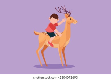 Character flat drawing of happy little boy riding deer in zoo. Brave child sitting on back deer with saddle in ranch ground. Cheerful kids learning to ride reindeer. Cartoon design vector illustration