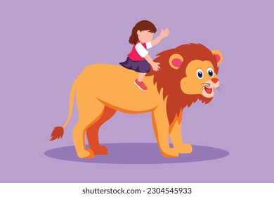 Character flat drawing happy little girl riding lion at zoo. Adorable child sitting on back big lion at circus event. Brave cute kids learning to ride beast animal. Cartoon design vector illustration