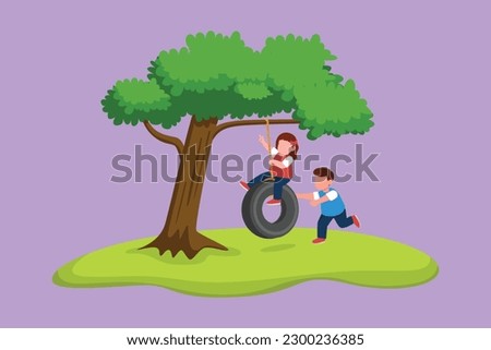 Character flat drawing happy little boys and girls playing tire swing under tree. Cheerful kids swinging on tire hanging from tree. Cute children playing in garden. Cartoon design vector illustration