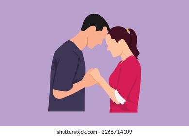 Charaktere flach zeichnen glückliche liebende Mann und Frau, die Hand in Hand mit Liebe. Junge Ehepaare stehen, während sie Händchen halten, einander ansehen und lächeln. Cartoon-Design, Vektorgrafik