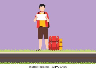 Character flat drawing of happy man traveler hitchhiking. Young tourists with backpacks trying catch car on road. Holidays adventure, tourism, travelling logo, icon. Cartoon design vector illustration
