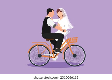 Character flat drawing happy married man and woman riding bicycle face to face in wedding day. Cute romantic couple is riding bicycle together. Happy couple on bike. Cartoon design vector illustration
