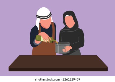 Character flat drawing happy romantic Arab couple pour oil into pan which is being held by one of them. Man woman with cooking preparation in cozy kitchen at home. Cartoon design vector illustration