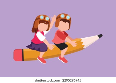 Character flat drawing of happy school kids riding flying pencil, get ready for studying. Children riding on stationary. Back to school or creative thinking concept. Cartoon design vector illustration