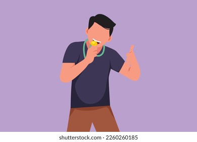 Character flat drawing happy and successful man athlete wearing jersey biting his gold medal after winning world sports competition. Unforgettable moment of victory. Cartoon design vector illustration