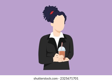Character flat drawing happy young asian woman drinking boba milk tea, bubble milk drink, pearl milk tea. Tapioca tea, asian exotic beverage concept, logo, symbol. Cartoon design vector illustration