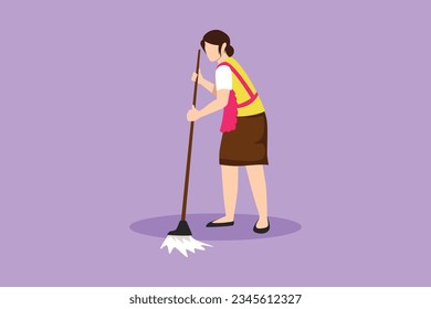 Character flat drawing happy young beautiful woman mopping floor and cleanup indoors. Professional home clean, housework service or housekeeping workers and janitor. Cartoon design vector illustration