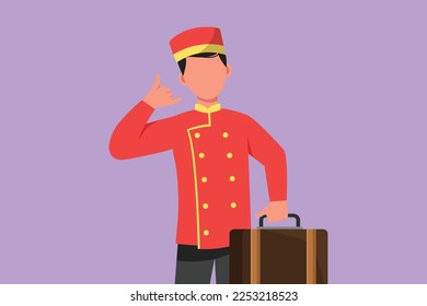 Character flat drawing hotel doorman in uniform held suitcase with call me gesture. Ready to serve guests in friendly and warm manner. Porter with great hospitality. Cartoon design vector illustration