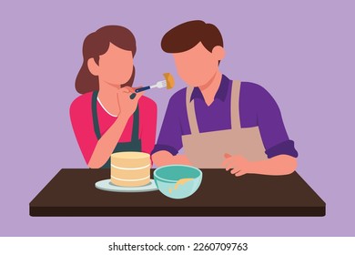 Character flat drawing husband tasting sweet cake food given by his young beautiful wife. Happy romantic couple cooking for lunch together in cozy kitchen at home. Cartoon design vector illustration