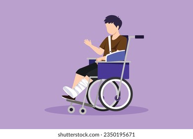 Character flat drawing injured and upset boy in gypsum or cast, sitting in wheelchair suffering from pain and trauma. Leg accident. Wounded little boy in hospital. Cartoon design vector illustration