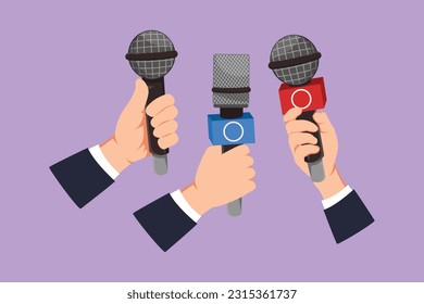 Character flat drawing interview concept with microphones on blue background. Newsmakers and interviewers. Different tv signs. Journalist hands holding mic devices. Cartoon design vector illustration