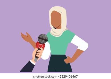 Character flat drawing interview with young beautiful Arabian girl. Digital journalism logo. News conference world live tv hands of journalist microphones interview. Cartoon design vector illustration