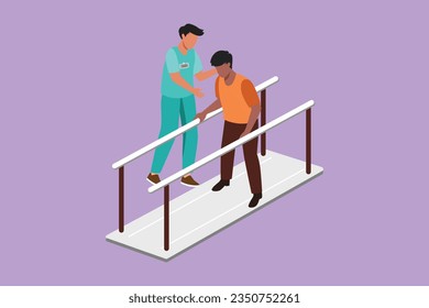 Character flat drawing isometric doctor physiotherapist helping male patient using leg prosthesis to take first step. physical therapy of people with disabilities. Cartoon design vector illustration