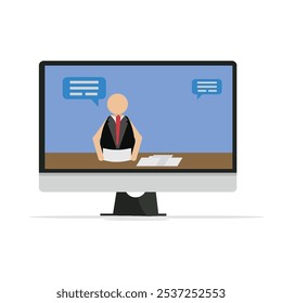 Desenho plano de personagem jornalista entrevistando jovem empresário. discussão, vetor de fala ilustração design background