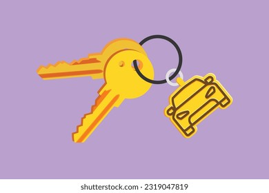 Character flat drawing keys with car shaped key holders. Keychain with key ring, two keys and pendant car locket. Keychain with car with locket logo, icon, symbol. Cartoon design vector illustration