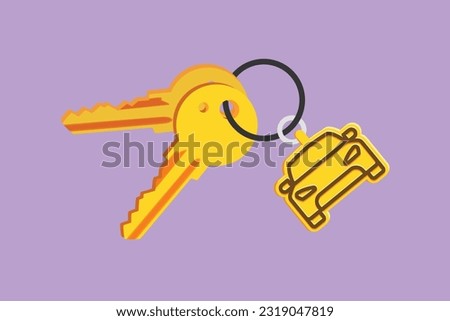 Character flat drawing keys with car shaped key holders. Keychain with key ring, two keys and pendant car locket. Keychain with car with locket logo, icon, symbol. Cartoon design vector illustration