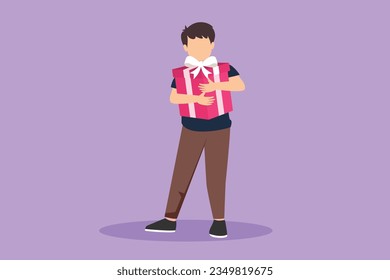 Character flat drawing kid standing and hugging ribbon bow wrapped gift box in front of his in arms. Cute little boy carries holiday gift box with bow in his hands. Cartoon design vector illustration