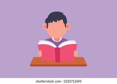 Character flat drawing of little baby boy is reading book at learning desk. Source of knowledge. Intelligent young male student. Education and intellectual concept. Cartoon design vector illustration