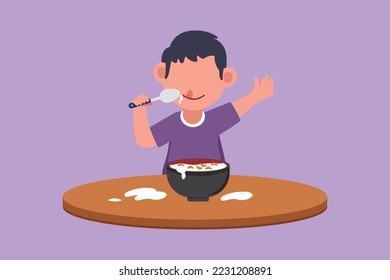 Character flat drawing little boy having cereal for breakfast. Happy kid eating cereal flakes sitting at table. Activity of children day schedule or daily routine. Cartoon design vector illustration