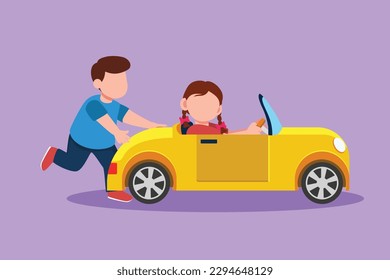 Character flat drawing little boy pushing his friend car on road. Boy and girl play with toy car together at amusement park. Kids having fun with electric toys car. Cartoon design vector illustration