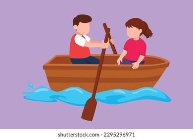 Carácter plano dibujando a niños y niñas chapoteando juntos. Niños montando en un bote de madera en el río. Niños remando un bote en un pequeño lago. Feliz barco de remo para niños. Ilustración vectorial de diseño de dibujos animados