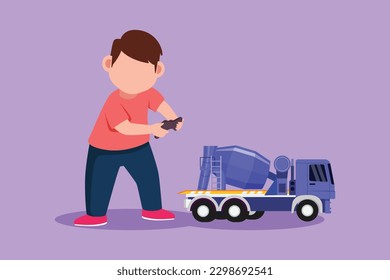 Character flat drawing little boy playing with remote controlled mixer truck toy. Adorable kids playing with electronic toy mixer truck with remote control in hands. Cartoon design vector illustration