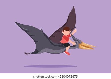 Character flat drawing little boy riding flying dinosaur. Pterodactyl ride with young kid sitting on back of dinosaur and flying high in sky. Bravery child concept. Cartoon design vector illustration