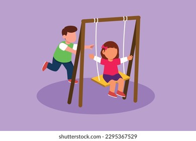 Character flat drawing little girl swinging on swing and her little boy friend helped push from behind. Happy kids playing swing together in public park playground. Cartoon design vector illustration